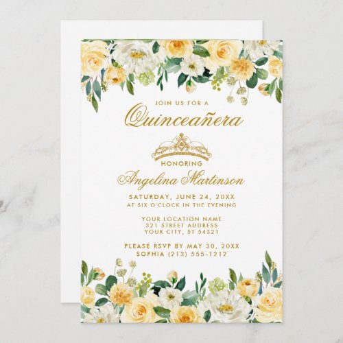 Quinceanera Yellow Gold White Floral Crown Photo Invitation