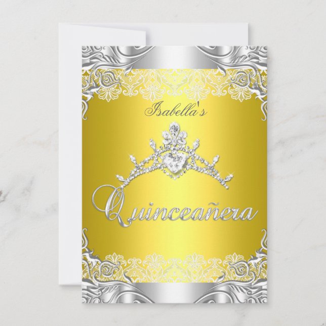 Quinceanera Yellow Silver Diamond Tiara 15th Party Invitation (Front)
