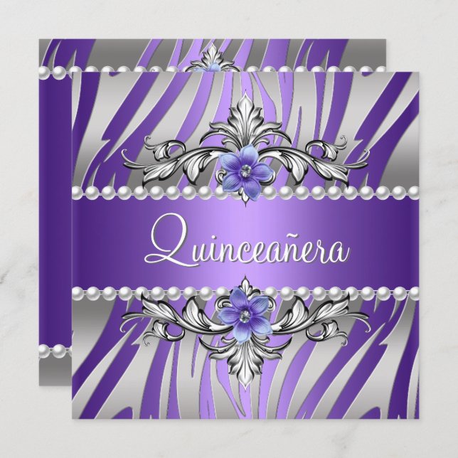 Quinceañera  Zebra Purple Pearl Silver Invitation (Front/Back)
