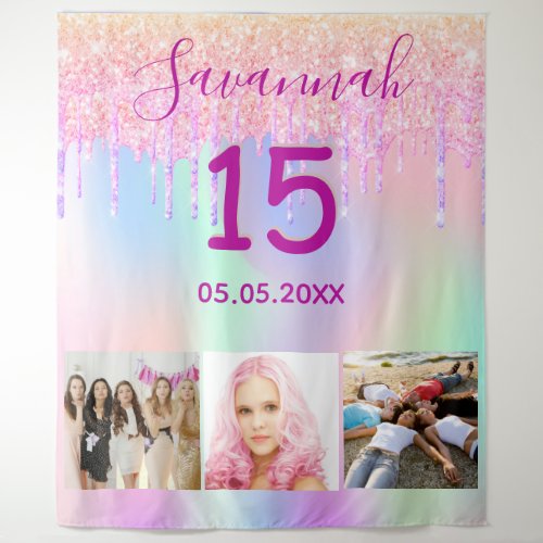 Quinceanerapink glitter drips photo holographic tapestry