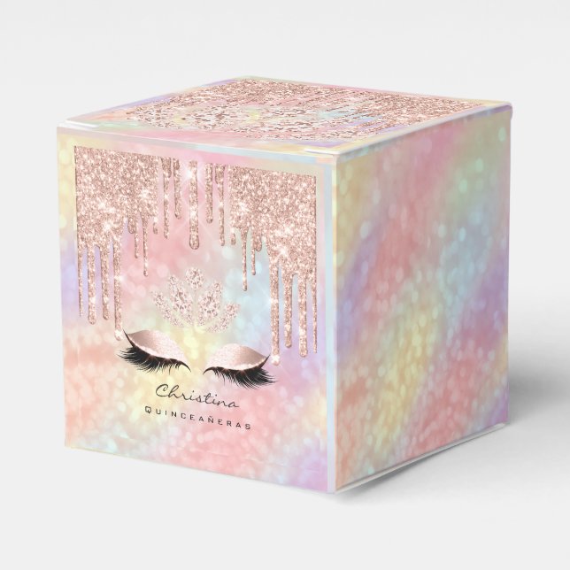 Quinceañeras Sweet 16th Bridal Rose Drip Holograph Favor Boxes (Front Side)