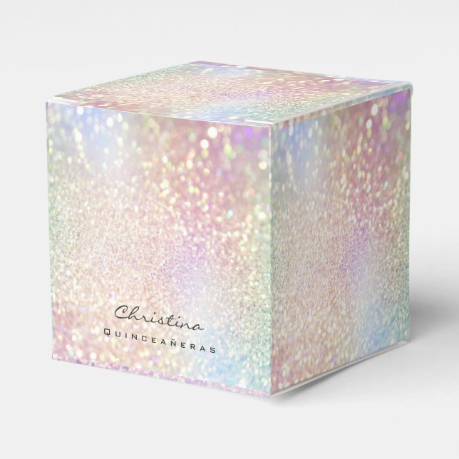 Quinceañeras Sweet 16th Bridal Rose Holographic  Favor Boxes (Front Side)
