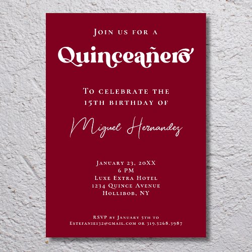 Quinceaero Elegant Burgundy Bold Typography Invitation