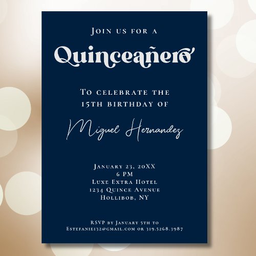 Quinceaero Elegant Navy Bold Typography Birthday Invitation