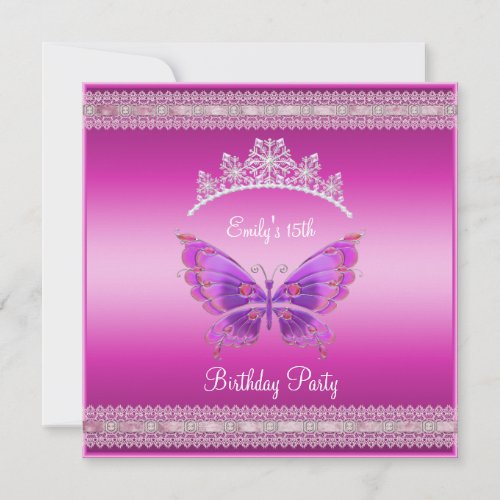 Quincenera 15th Fushia Pink Silver Tiara Butterfly Invitation