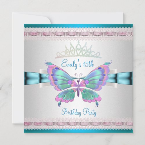 Quincenera 15th White Teal Blue Pink Butterfly Invitation