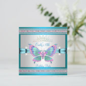 Quincenera 15th White Teal Blue Pink Butterfly Invitation (Standing Front)