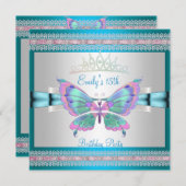 Quincenera 15th White Teal Blue Pink Butterfly Invitation (Front/Back)
