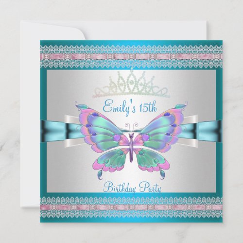 Quincenera 15th White Teal Blue Pink Butterfly Invitation