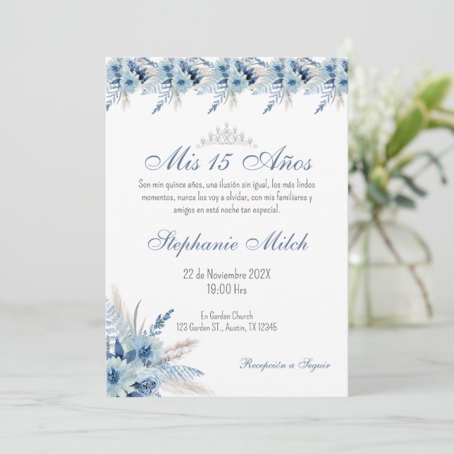 Quincenera Invitation in Spanish Blue Floral (Standing Front)