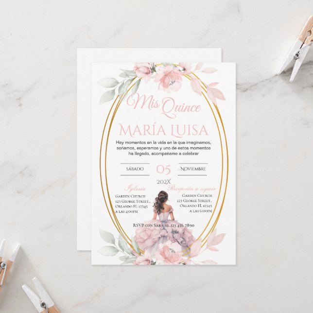 Quinceñera Invitation in Spanish Pink Floral (Front/Back In Situ)
