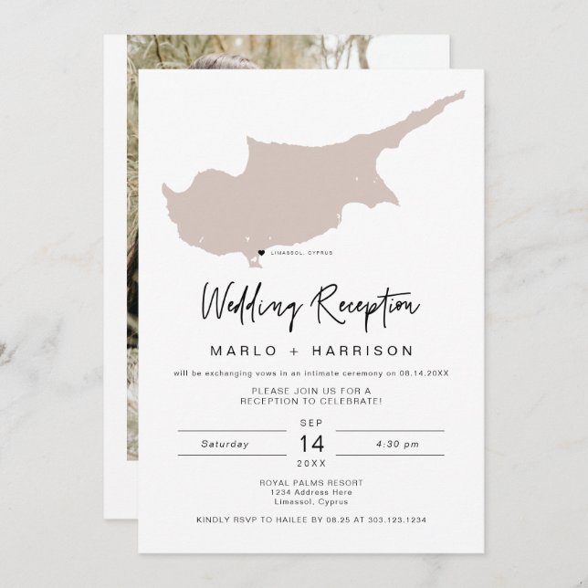 QUINN Blush Cyprus Map Wedding Reception Invitatio Invitation (Front/Back)