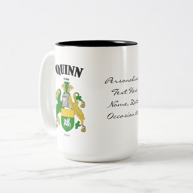 Quinn Family Crest, Translation & Meaning Two-Tone Coffee Mug (Front Left)