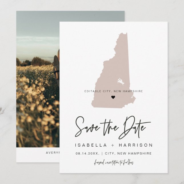 QUINN NEW HAMPSHIRE Blush Map Photo Save the Date Invitation (Front/Back)