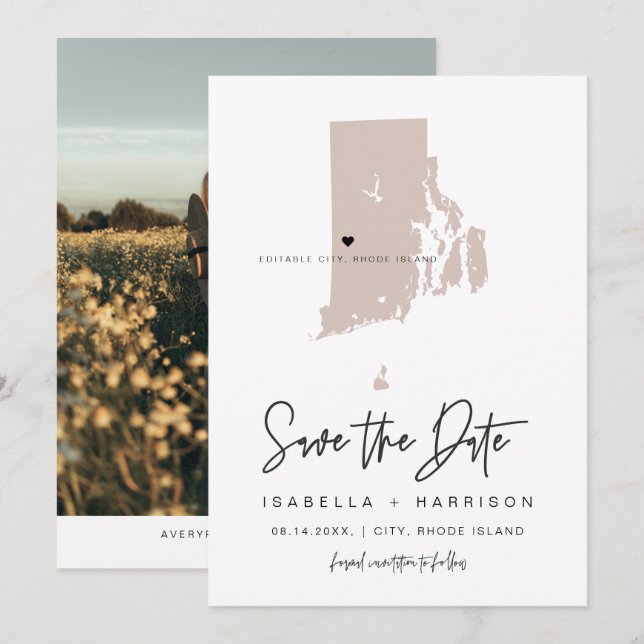 QUINN RHODE ISLAND Blush Map Photo Save the Date Invitation (Front/Back)