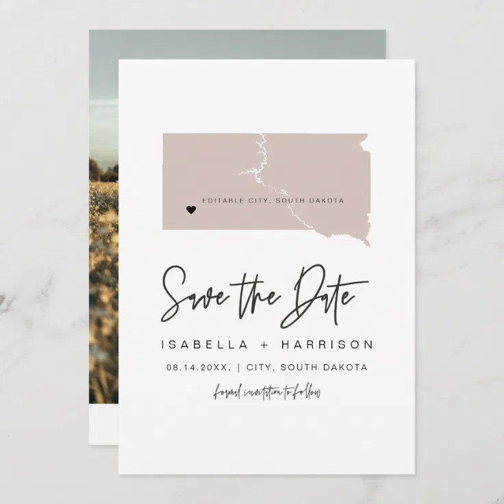 QUINN SOUTH DAKOTA Blush Map Photo Save the Date I Invitation Zazzle