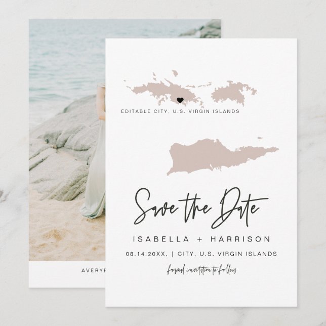 QUINN US VIRGIN ISLANDS Blush Map Save the Date Invitation (Front/Back)