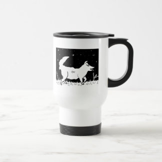 Quinn wears a lightening bug travel mug