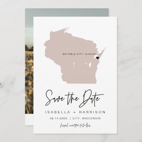 QUINN WISCONSIN Blush Pink Map Photo Save the Date Invitation