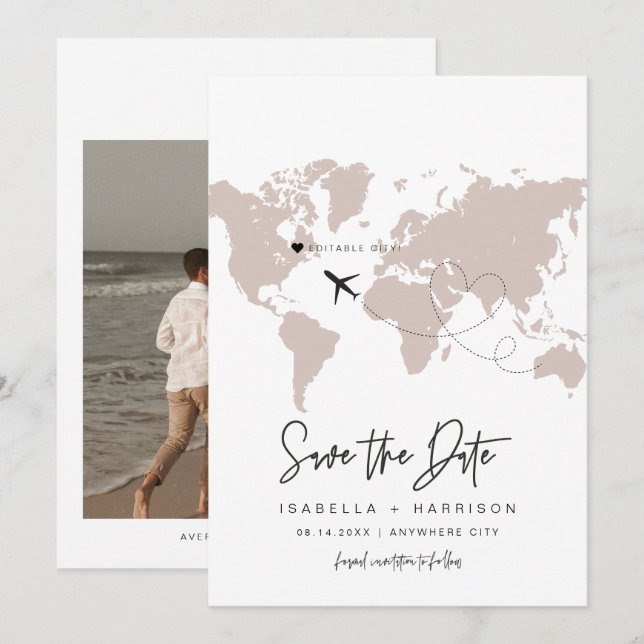 QUINN World Map Travel Destination Save the Date Invitation (Front/Back)