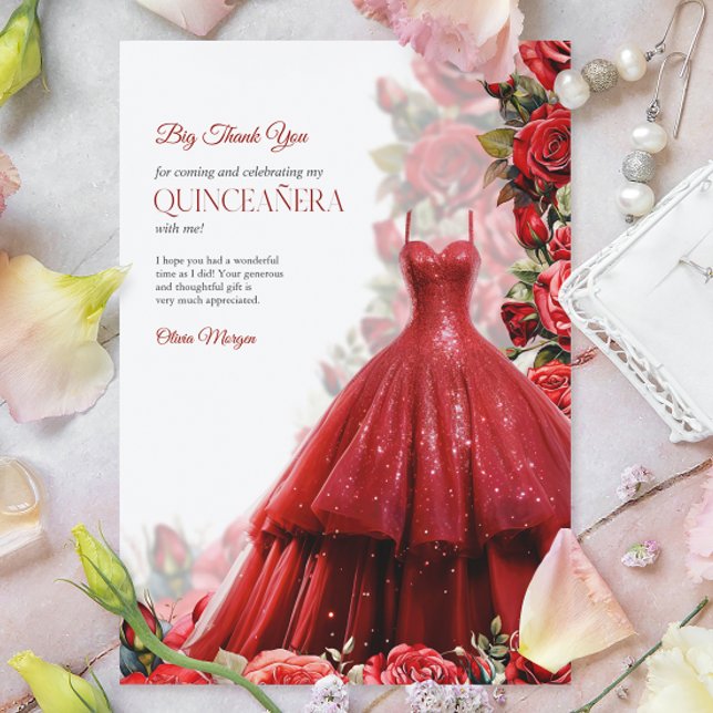 Quintencera Glam Red Dress Thank You Card (Creator Uploaded)