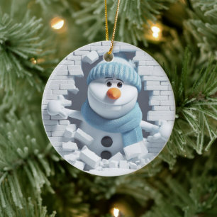 Quirky 3D Buck-Tooth Snowman Ceramic Ornament