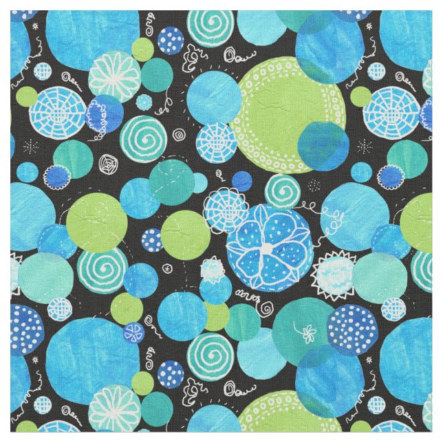 Quirky Abstract Blue Green Black Circles Fabric (Close Up)