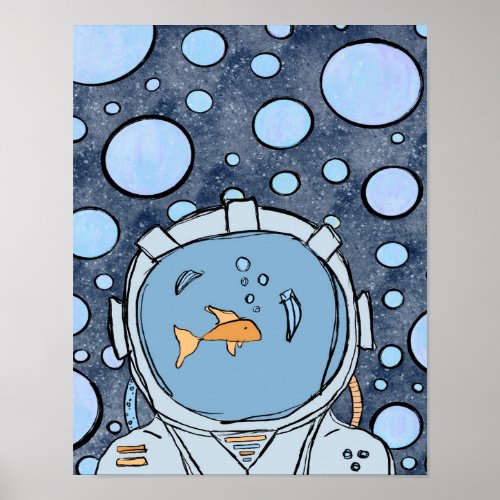 Quirky Abstract Fish Astronaut in Space Poster