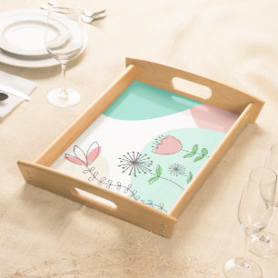 Quirky Abstract Florals Shapes Teal Coral Serving Tray