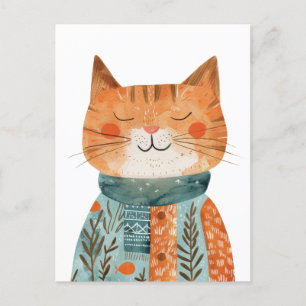 Quirky Anthropomorphic Cat Watercolor Illustration Postcard