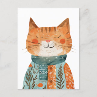 Quirky Anthropomorphic Cat Watercolor Illustration Postcard