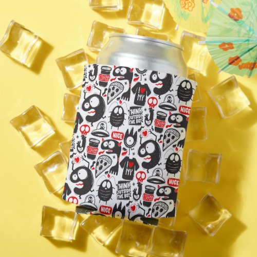 Quirky Black and Red Monster Doodles Can Cooler