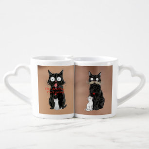 Quirky Black Cat with Mustache and Heart  Coffee Mug Set