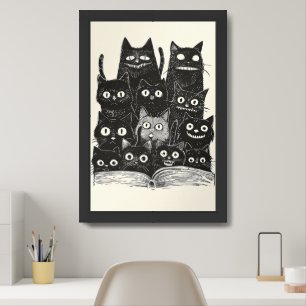Quirky Black Cats reading a book Framed Art