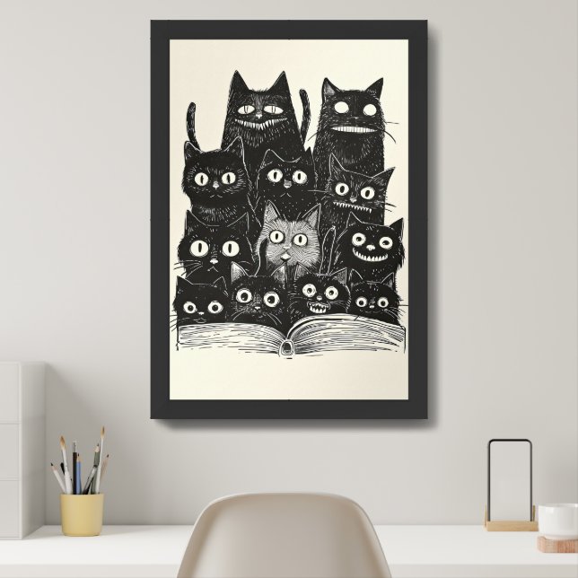 Quirky Black Cats reading a book Framed Art (Home Office)