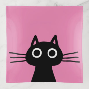 Quirky Black Kitty Cat Fun Animal Art Pink Trinket Tray