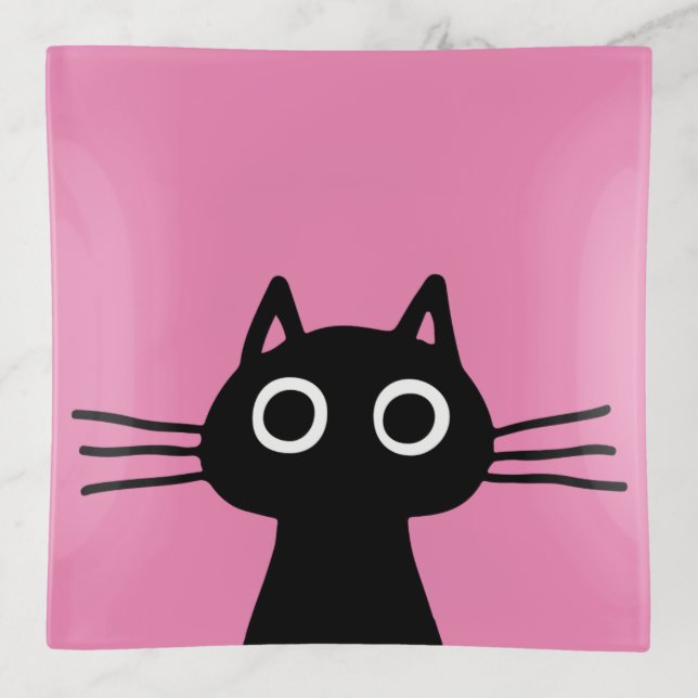 Quirky Black Kitty Cat | Fun Animal Art Pink Trinket Tray (Front)