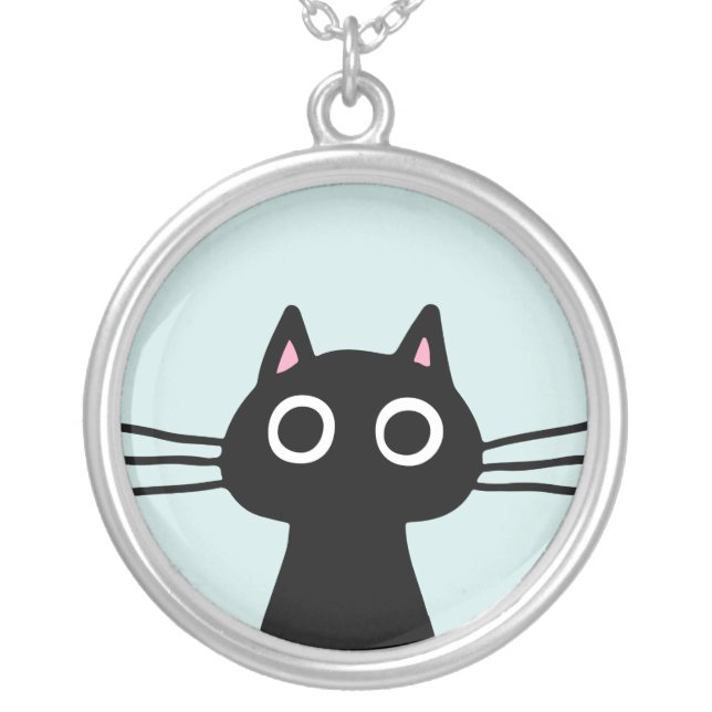 Quirky Black Kitty Cat | Funky Feline Fashion Silver Plated Necklace (Front)