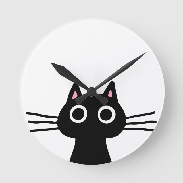 Quirky Black Kitty Cat with Long Whiskers Round Clock (Front)