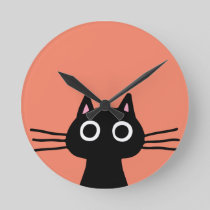 Quirky Black Kitty Cat with Long Whiskers Round Clock