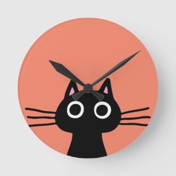 Quirky Black Kitty Cat With Long Whiskers Round Clock by jennsdoodleworld at Zazzle