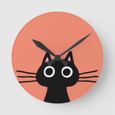 Quirky Black Kitty Cat With Long Whiskers Round Clock