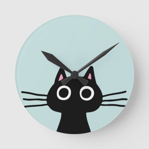 Quirky Black Kitty Cat with Long Whiskers Round Clock