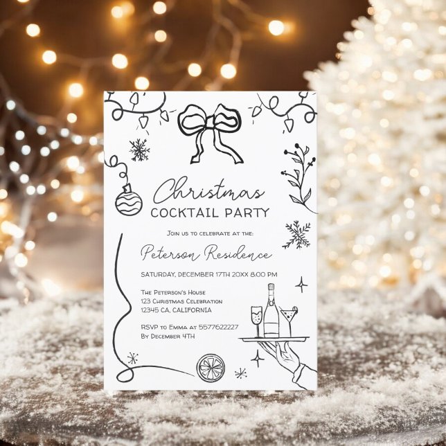 Quirky black white illustration Christmas Cocktail Invitation (Quirky black white illustration Christmas Cocktail Invitation)