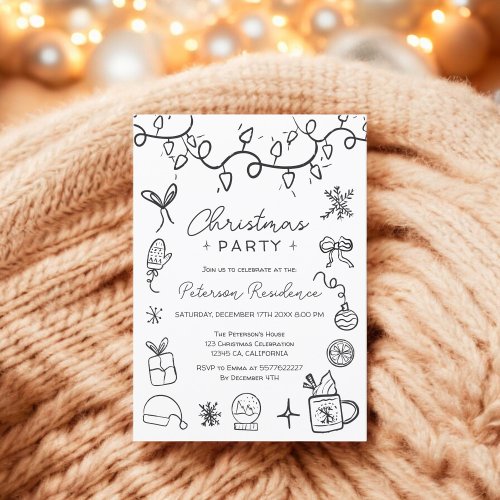 Quirky black white illustration modern Christmas Invitation