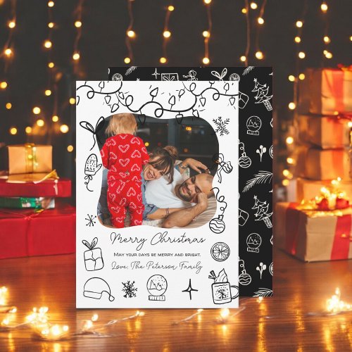 Quirky black white illustrations photo Christmas Holiday Card