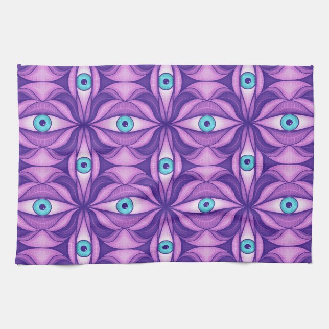 Quirky Blue Eyes In Mystical Purple Pattern Kitchen Towel (Horizontal)