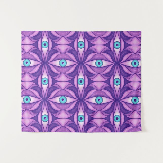 Quirky Blue Eyes In Mystical Purple Pattern Tapestry (Front (Horizontal))
