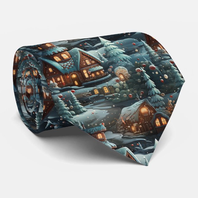 Quirky Blue Gingerbread House Pattern Neck Tie (Rolled)