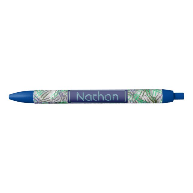 Quirky Blue Green Paperclips Personalised Pen (Front)